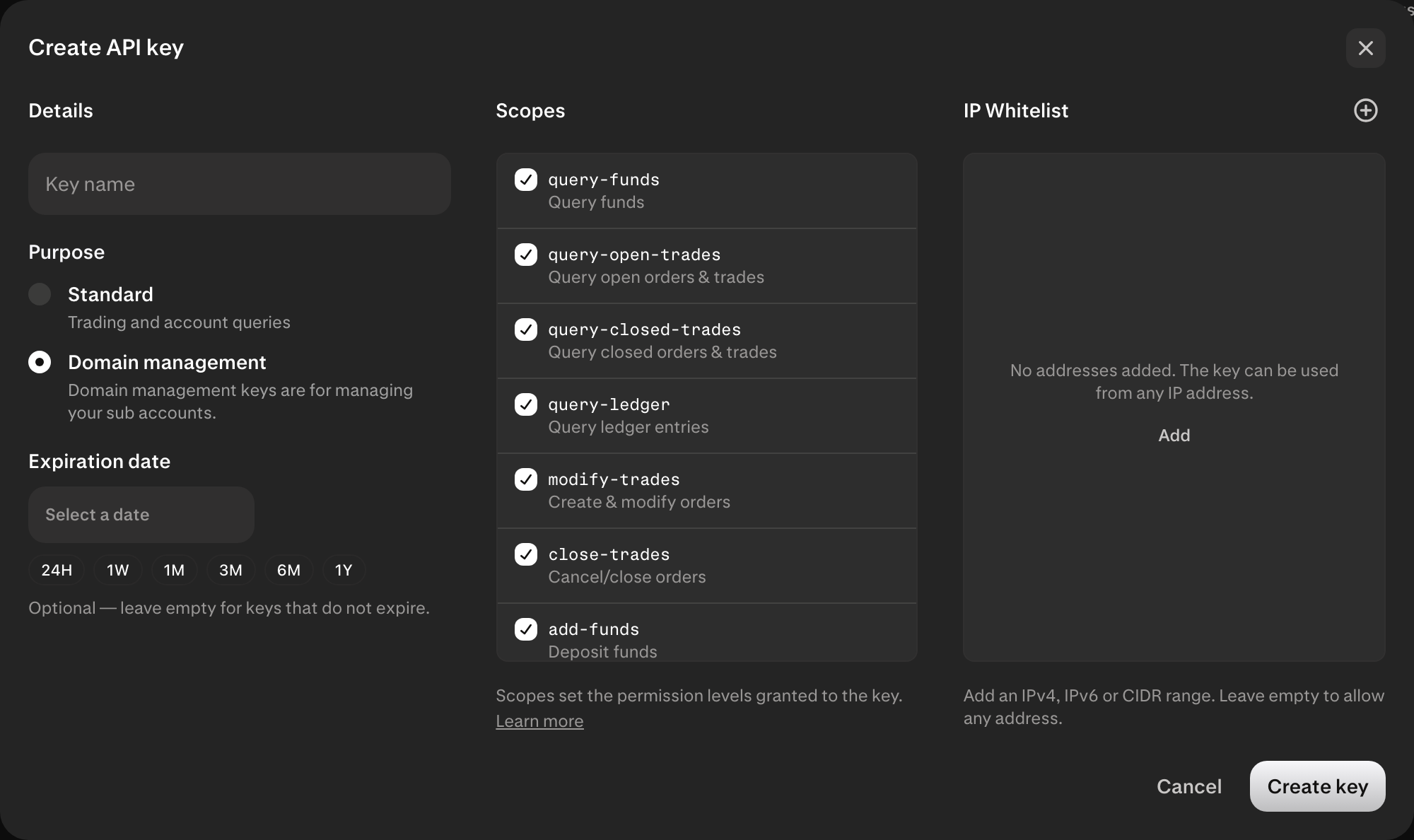 Payward Console form for creating an API key
