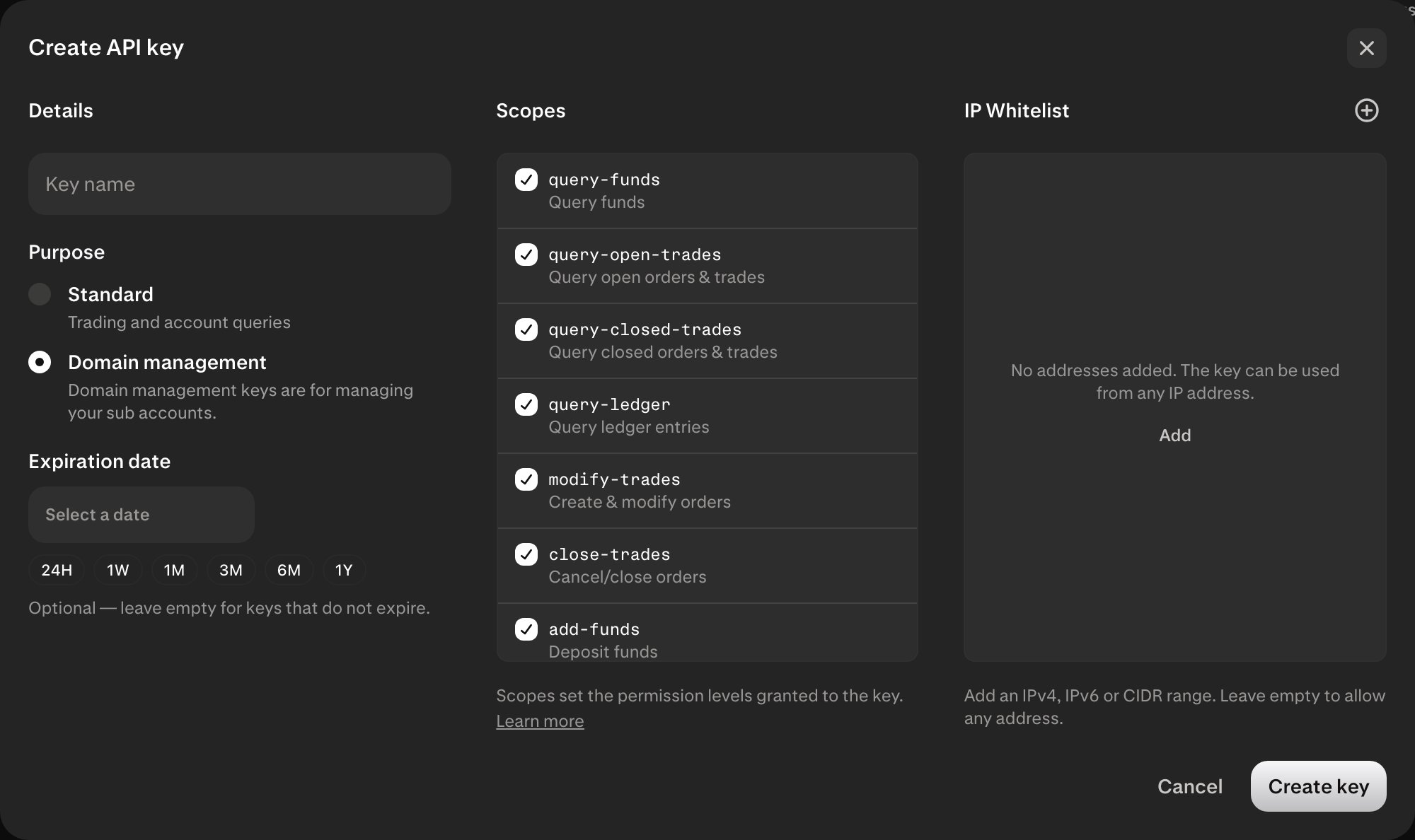 Payward Console form for creating an API key