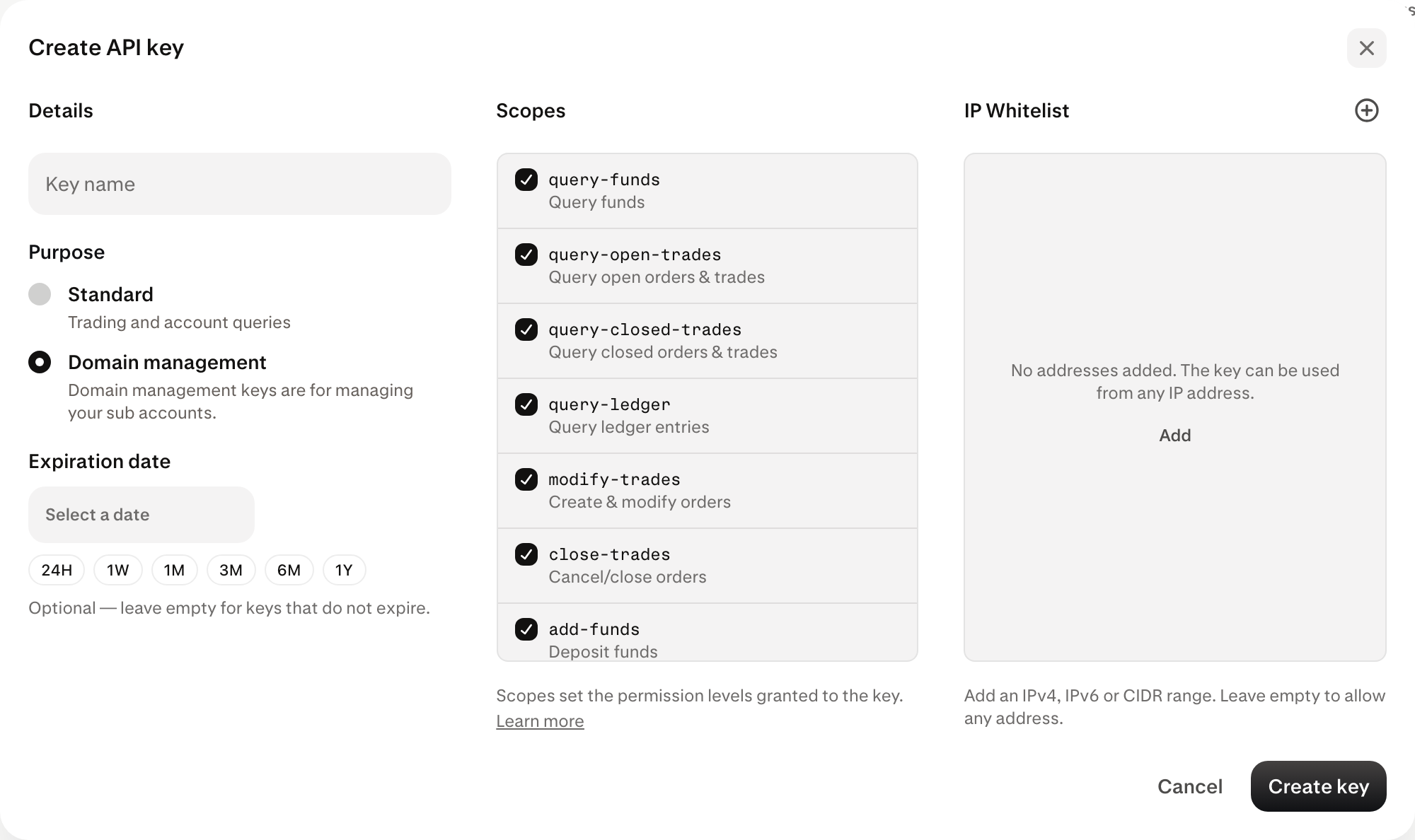 Payward Console form for creating an API key