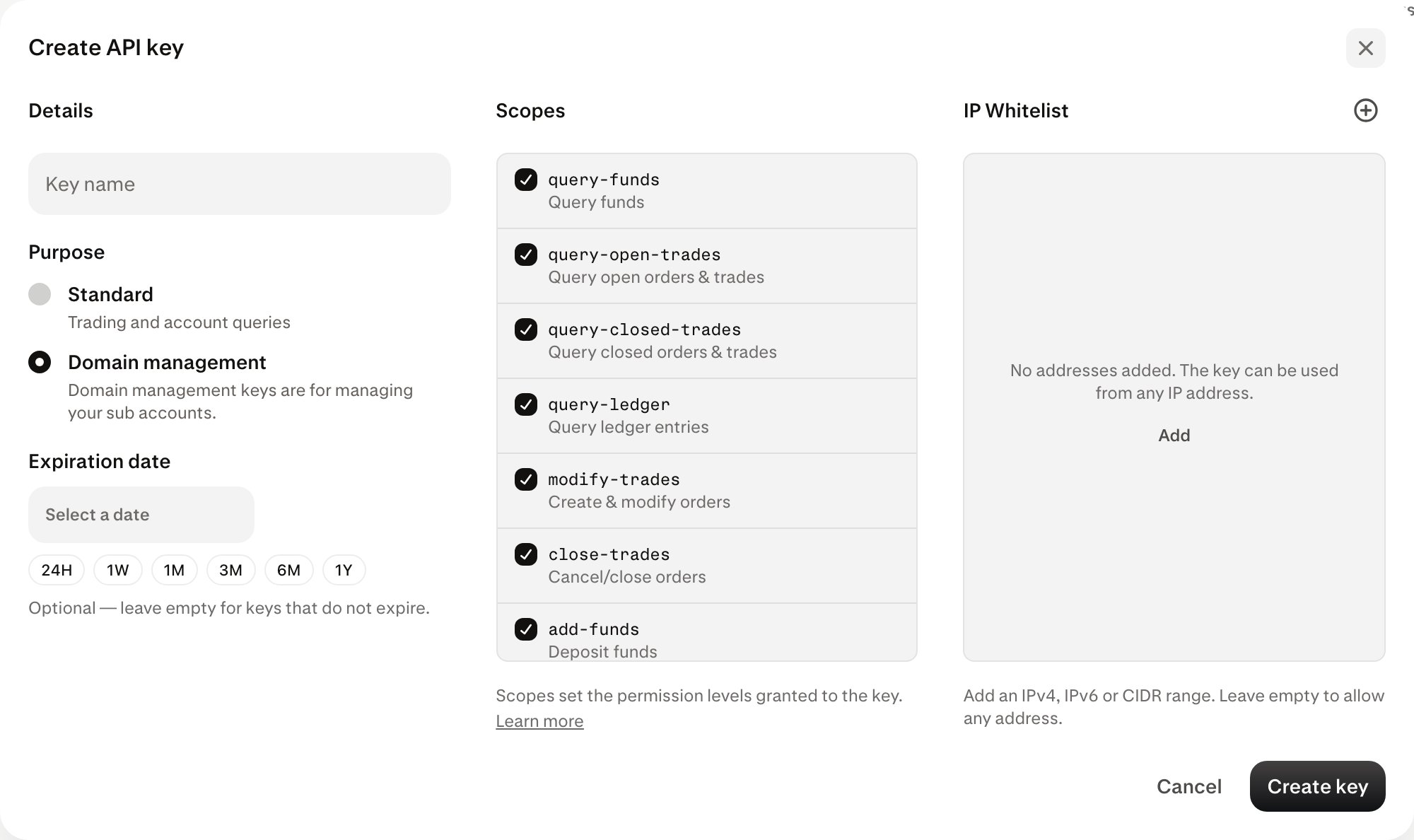Payward Console form for creating an API key