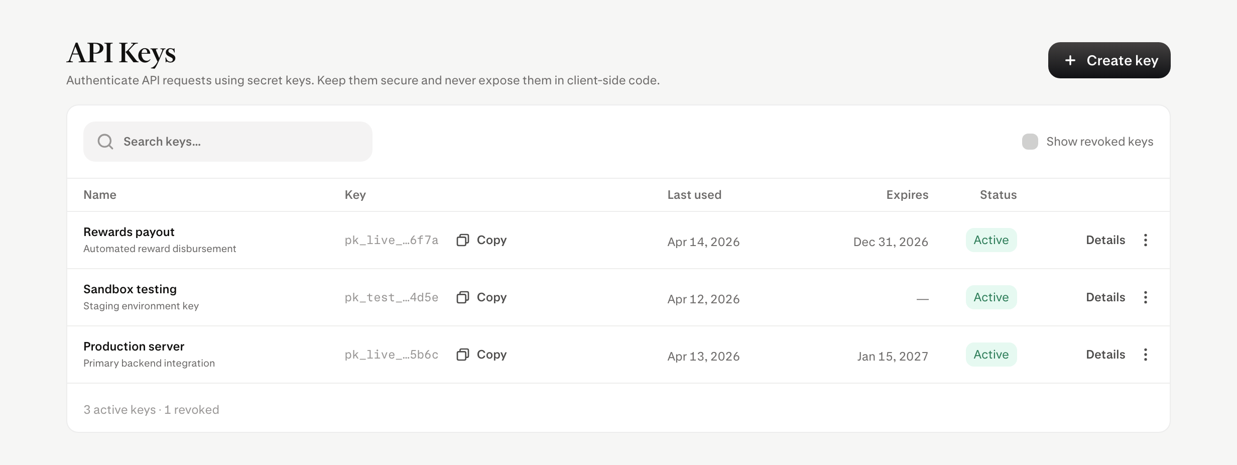 Payward Console API keys overview