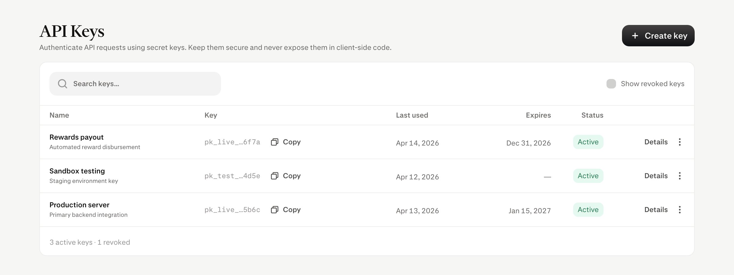Payward Console API keys overview