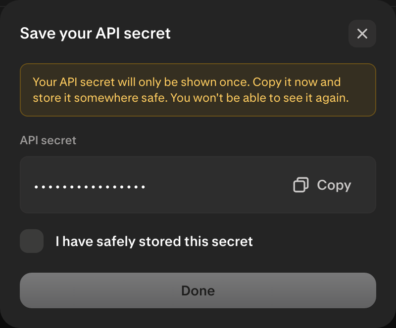 Payward Console confirms that the API secret must be stored before it is hidden