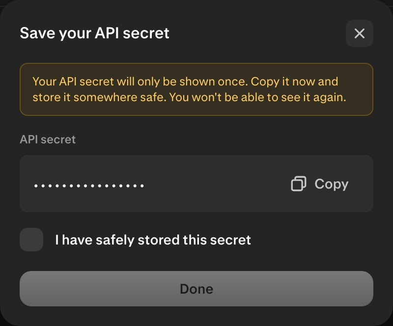 Payward Console confirms that the API secret must be stored before it is hidden