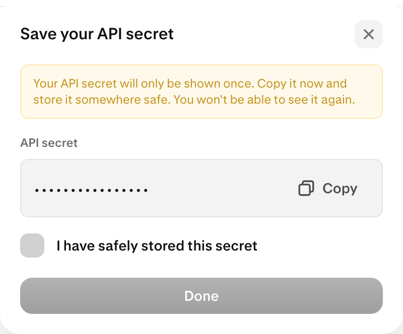Payward Console confirms that the API secret must be stored before it is hidden