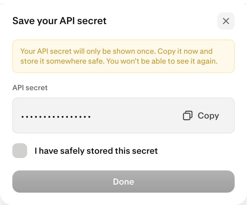 Payward Console confirms that the API secret must be stored before it is hidden