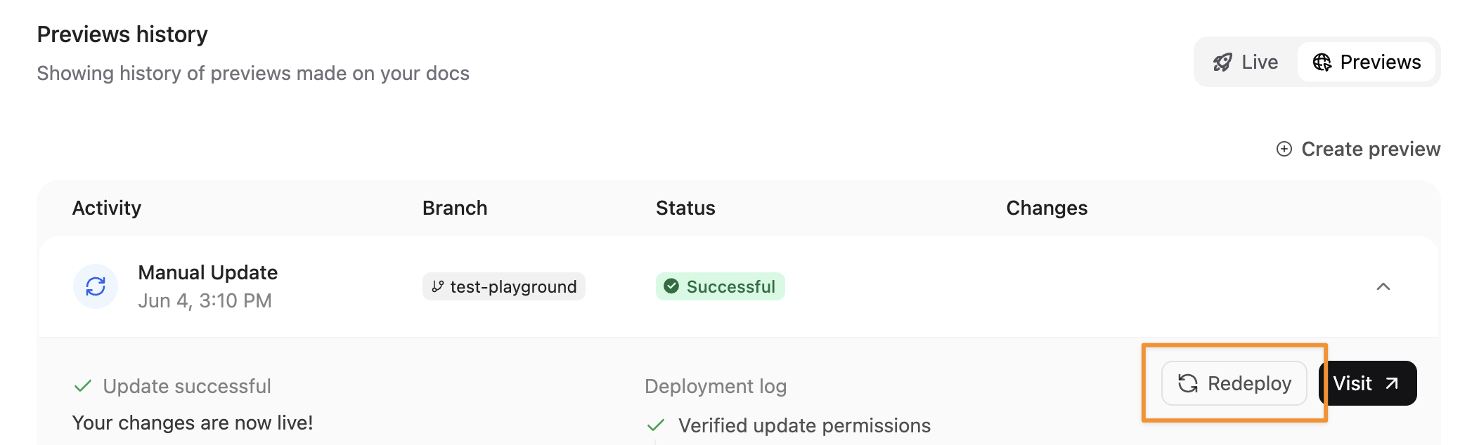 The Previews menu with the deploy button emphasized by an orange rectangle.