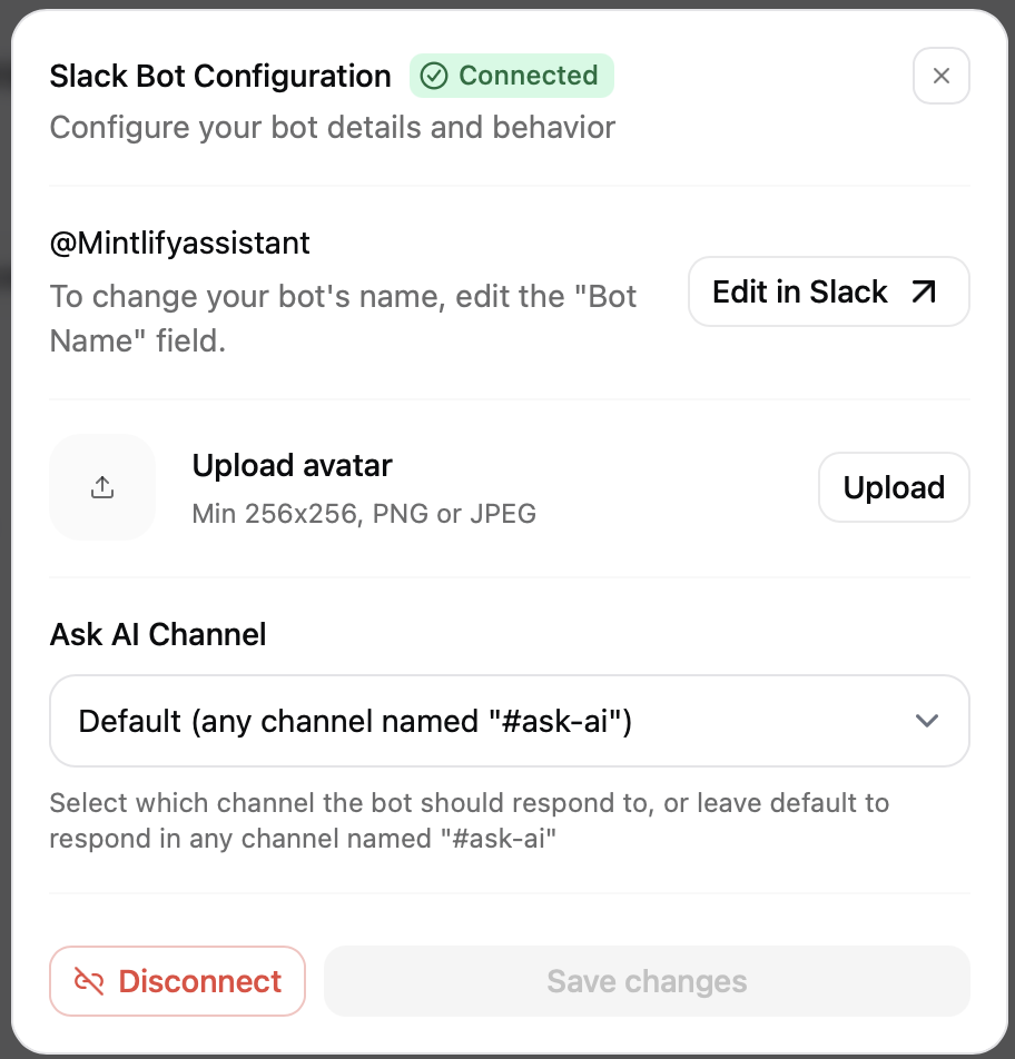 The Slack configuration panel in light mode.