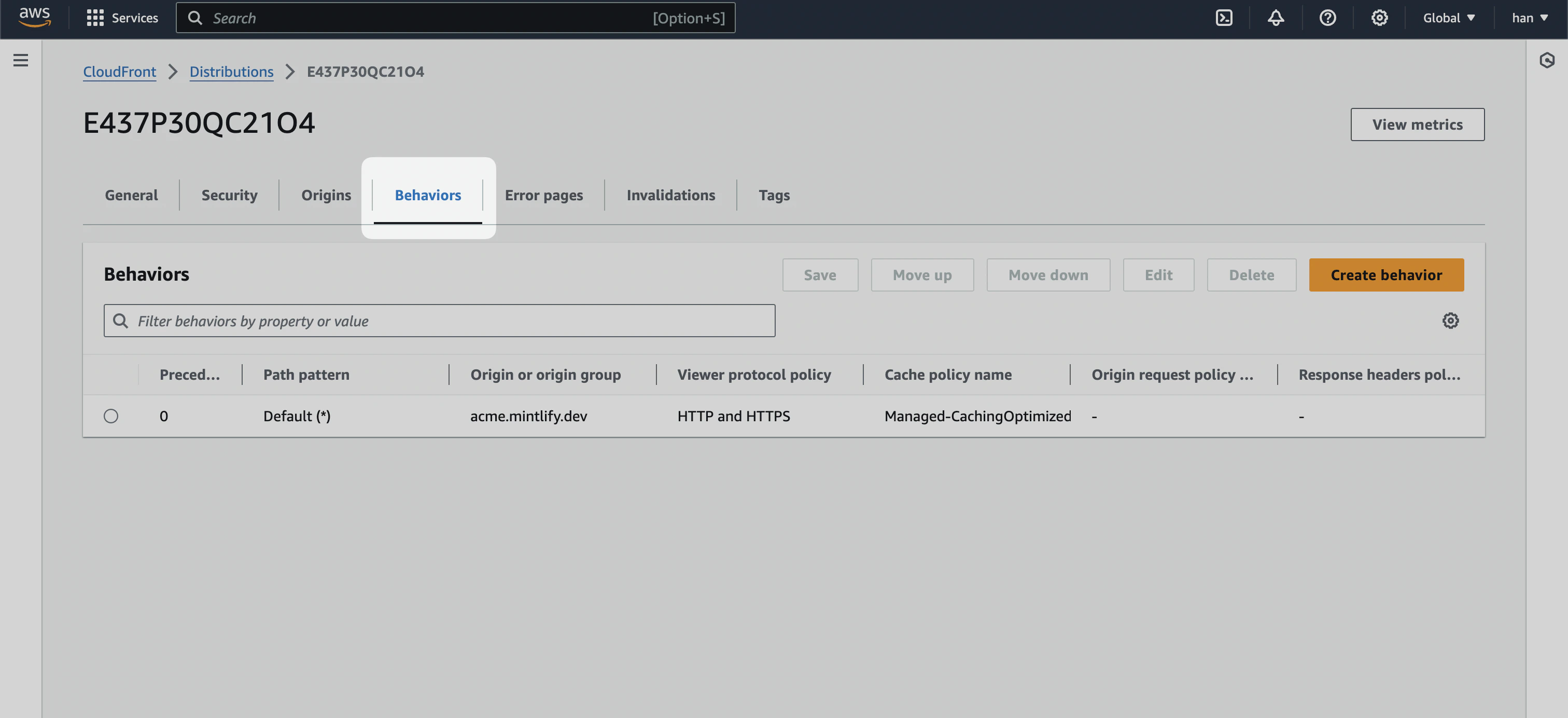 CloudFront "Behaviors" tab highlighted.