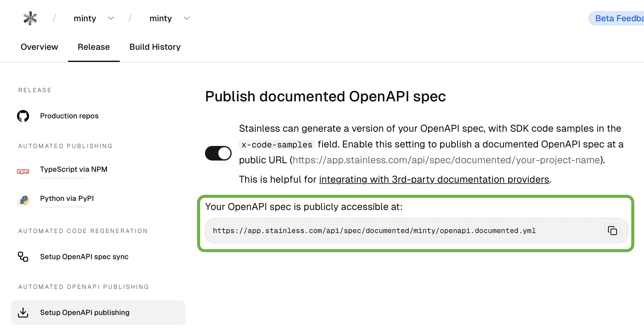 Stainless 发布页面,其中用绿色框突出显示了 OpenAPI 规范的 URL。