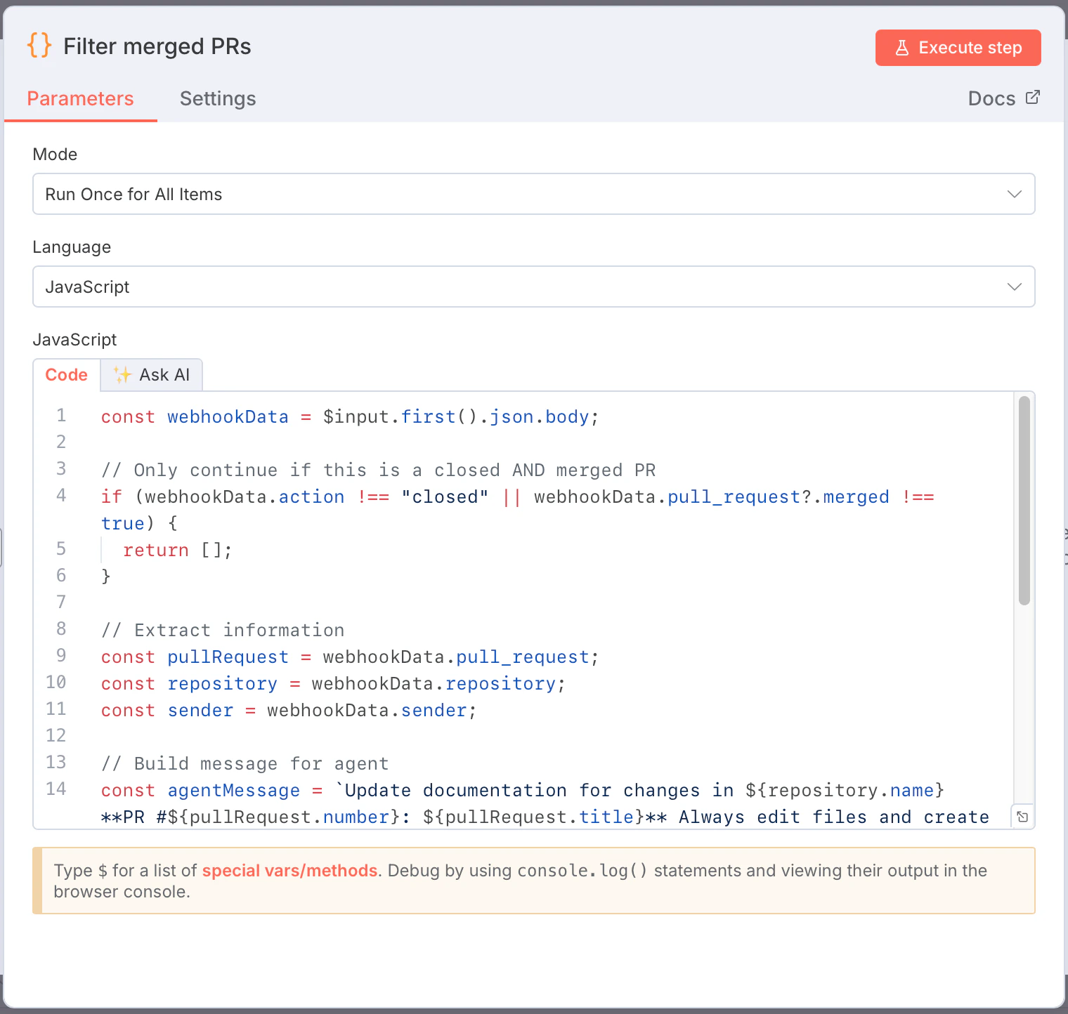 Captura de pantalla de la configuración del nodo «Filtrar pushes a main».