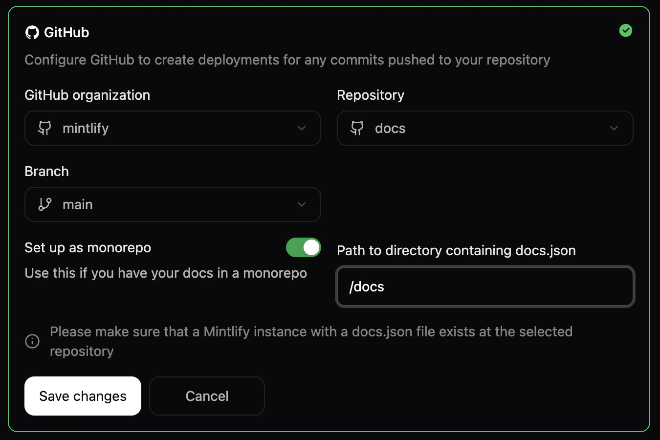 The project settings panel in the Git Settings menu. The Set up as monorepo toggle button is enabled and a path to the /docs directory is specified.