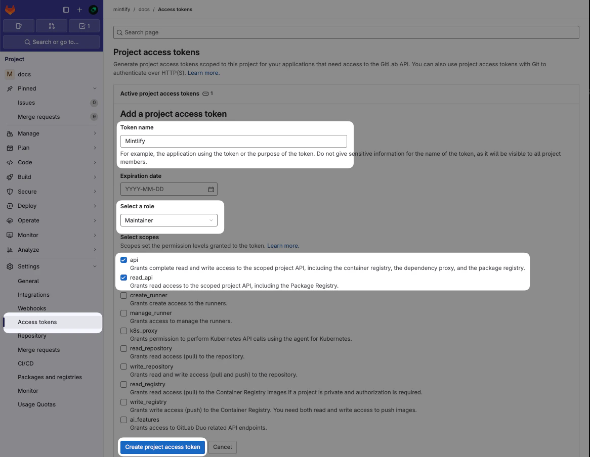 La página Access tokens en el dashboard de GitLab. Los parámetros a configurar para Mintlify están destacados.