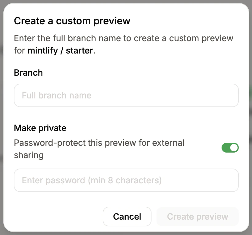 El modal Crear una vista previa personalizada con el interruptor Make private activado y un campo de contraseña.