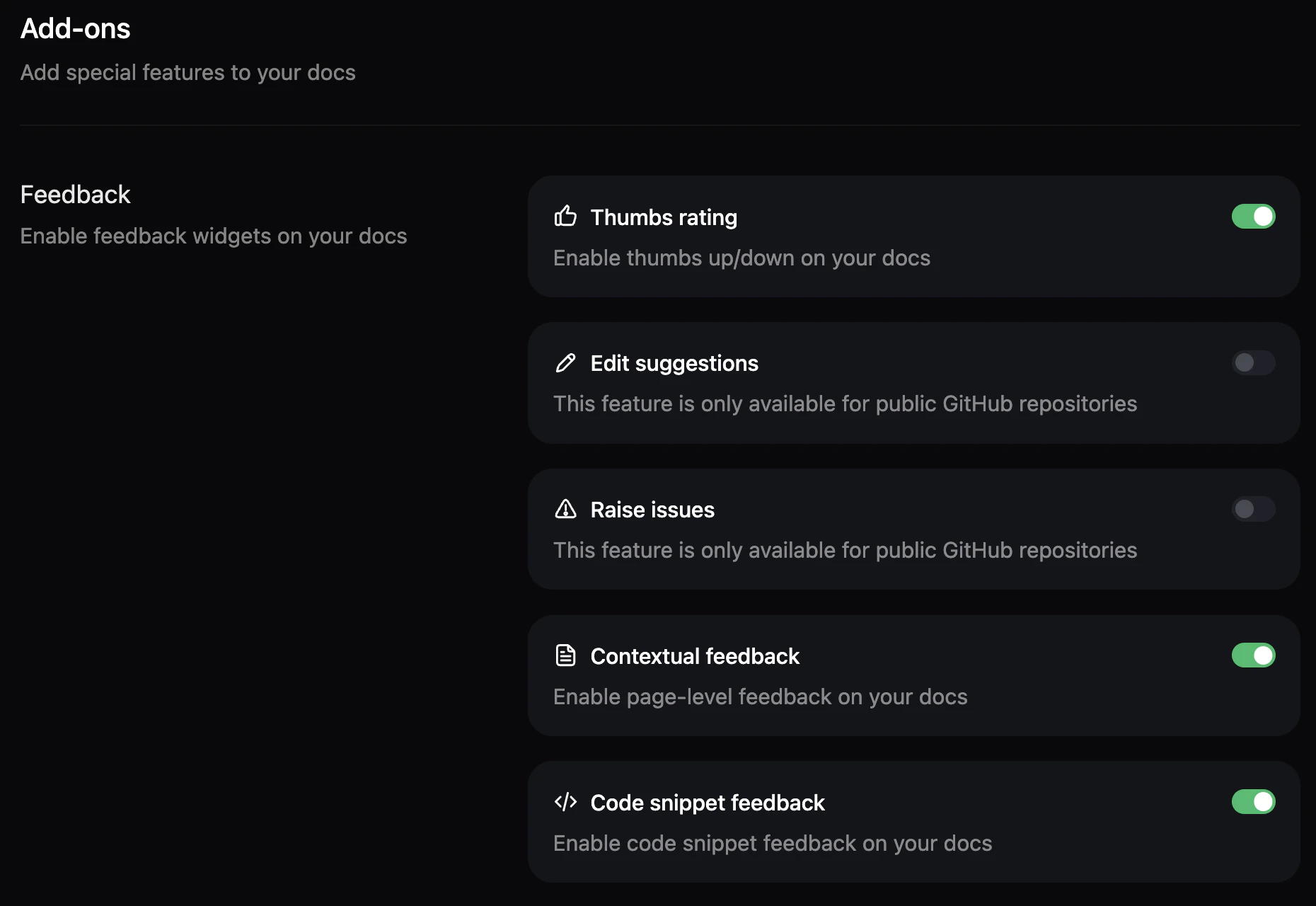 Feedback toggles in the Add-ons page.