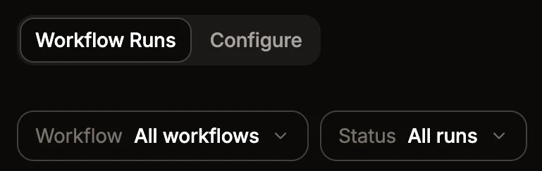 Workflow runs page showing the workflow and status filters.