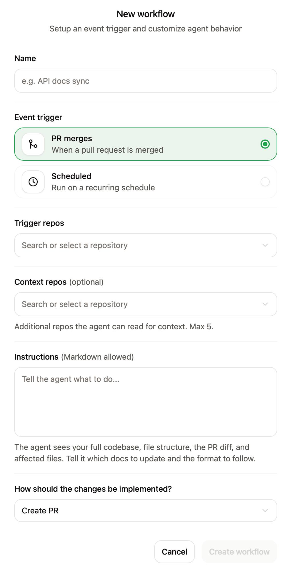 The new workflow setup page.