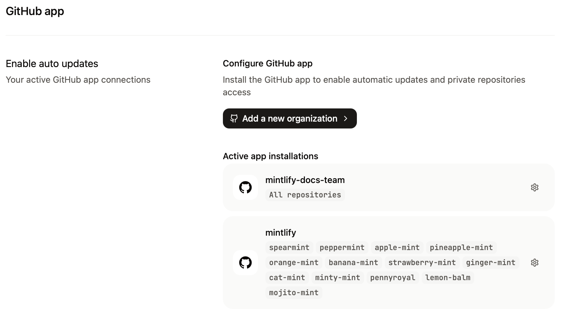 The GitHub app page showing connected repositories for two organizations.