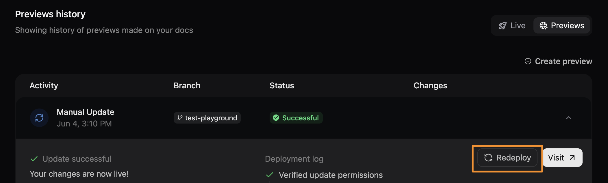 The Previews menu with the deploy button emphasized by an orange rectangle.