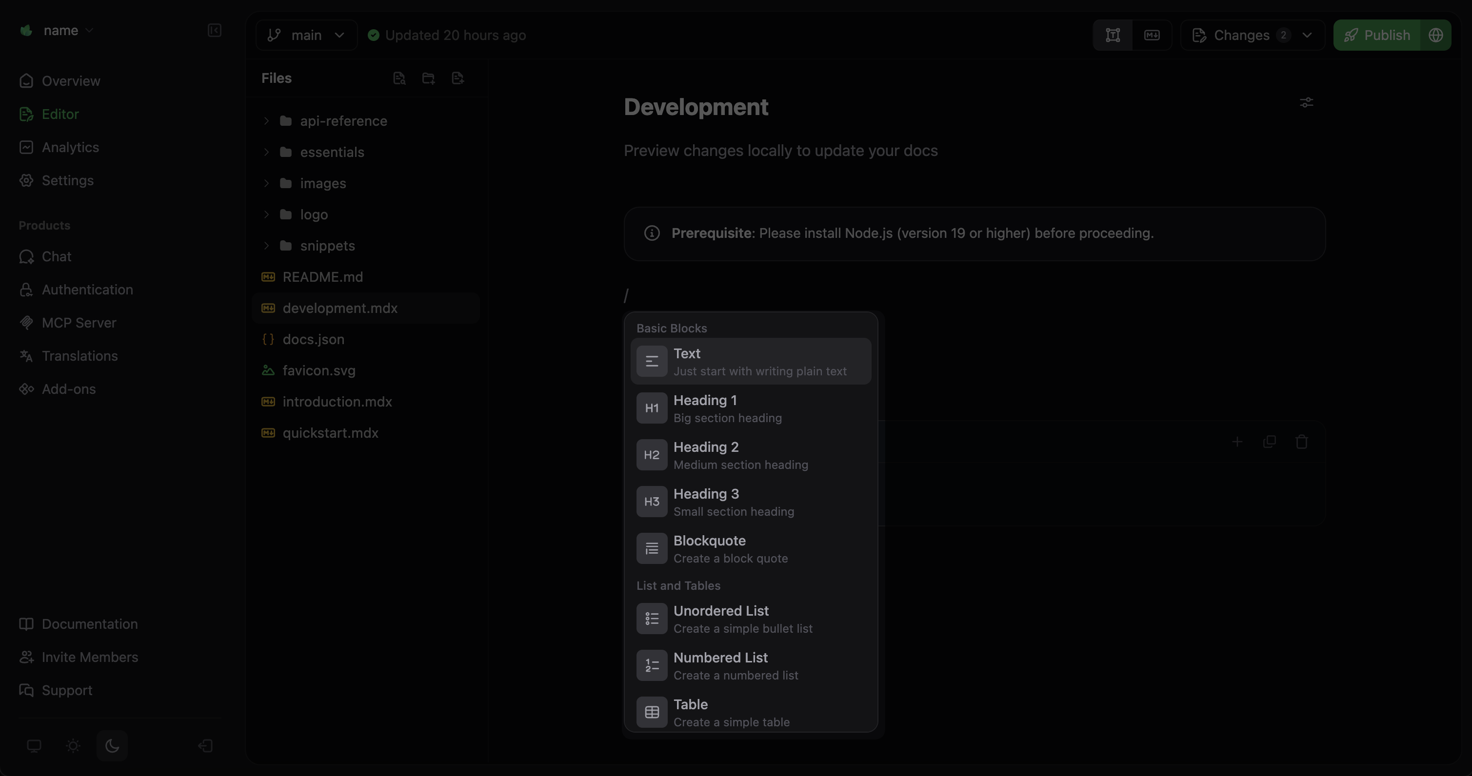 The unfurled component menu emphasized in the Mintlify visual editor
