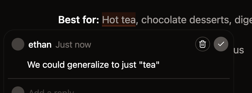 A comment thread opened in the web editor with the checkmark icon to resolve the thread highlighted.