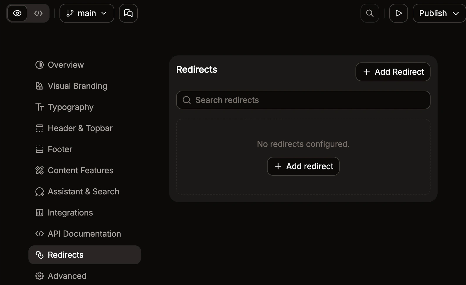 Redirects menu in the editor.