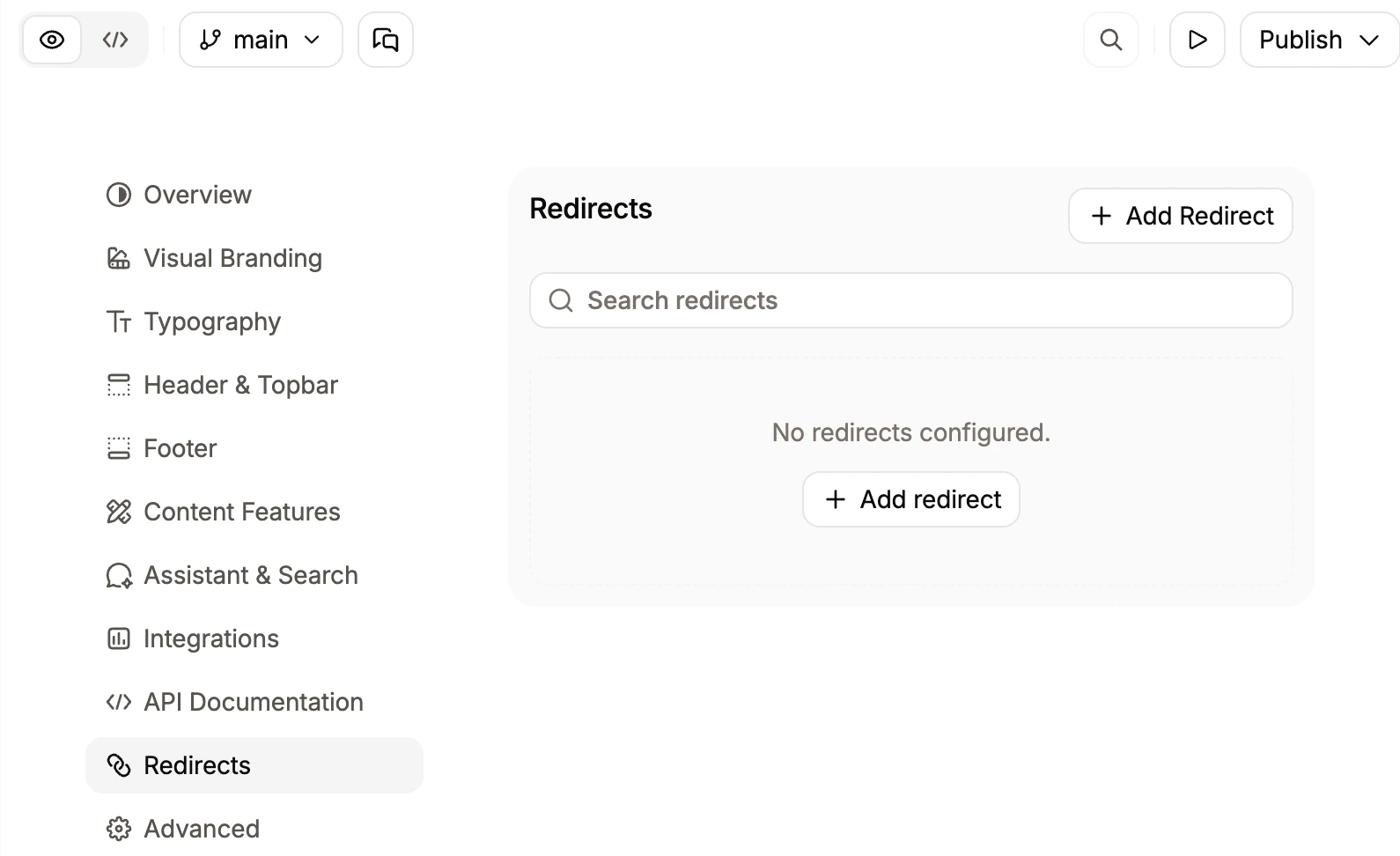 Redirects menu in the editor.