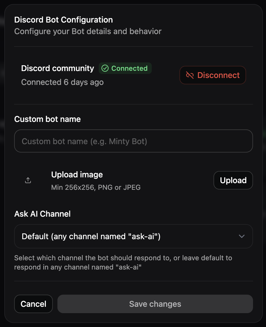 The Discord configuration panel in dark mode.