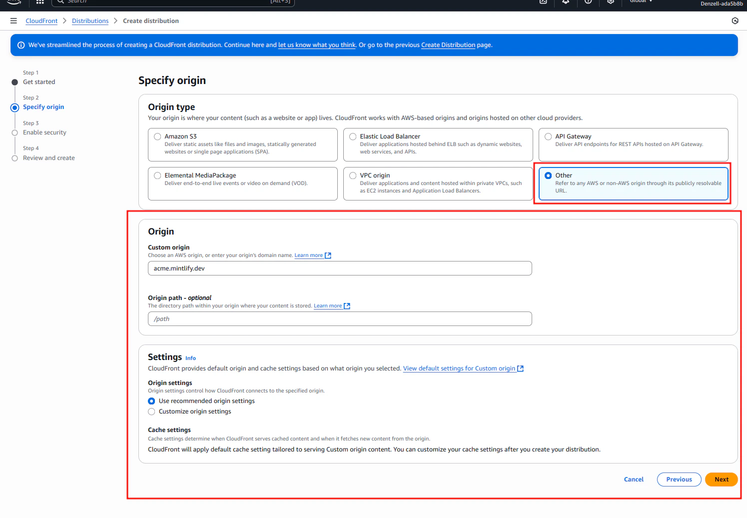 CloudFront "Create distribution" page showing "acme.mintlify.dev" as the origin domain.