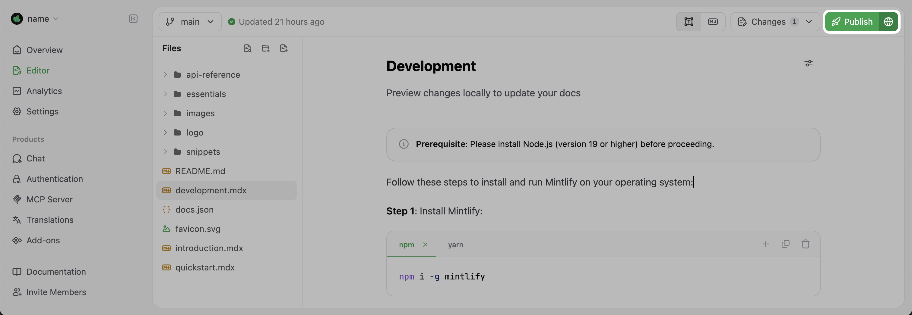 The publish button emphasized in the Mintlify visual editor