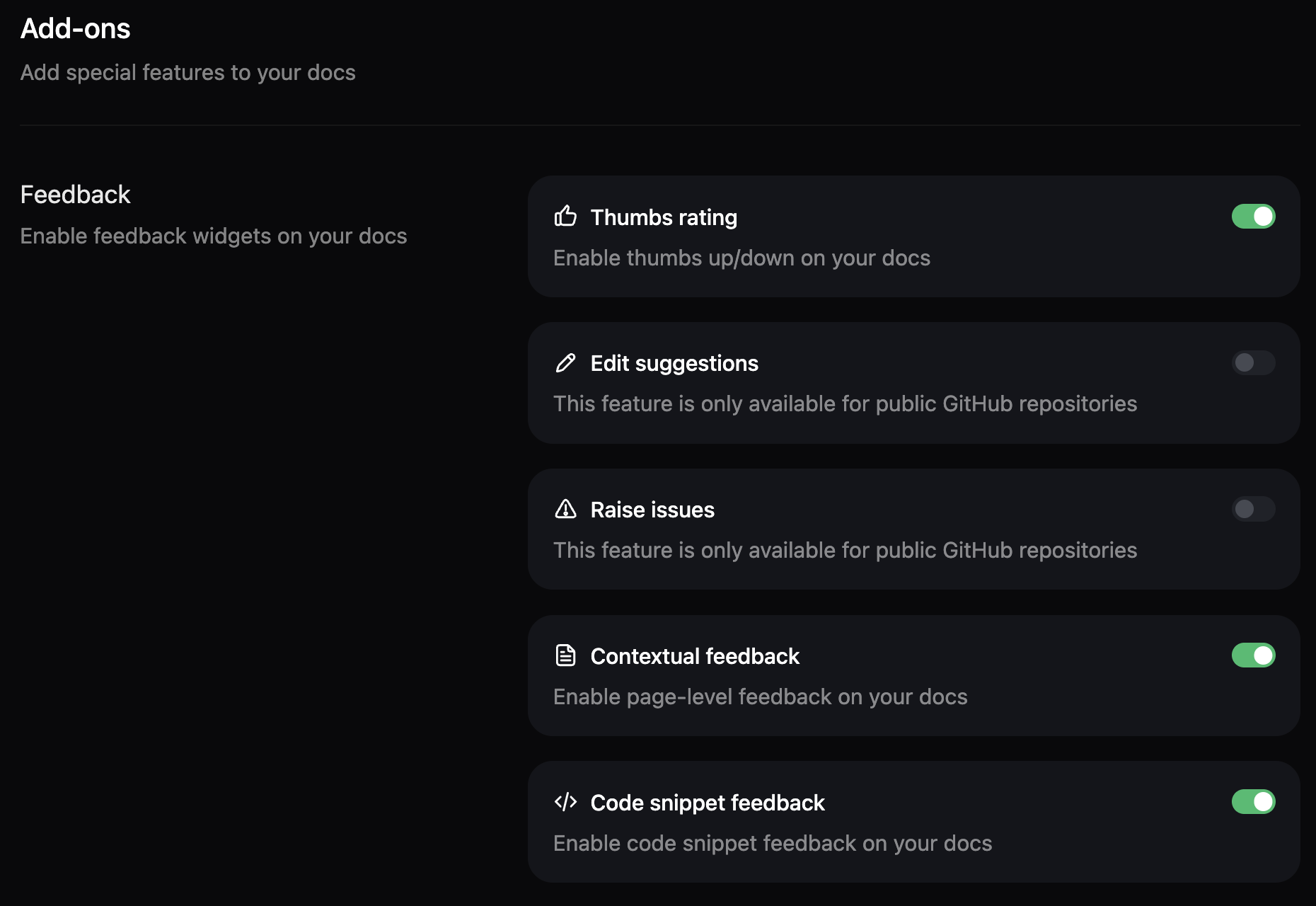 Screenshot of the feedback toggles in the Add-ons page.