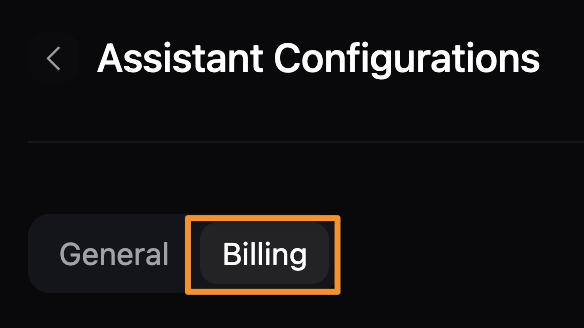 The billing tab on the Assistant Configurations page. The Billing tab is emphasized with an orange rectangle.