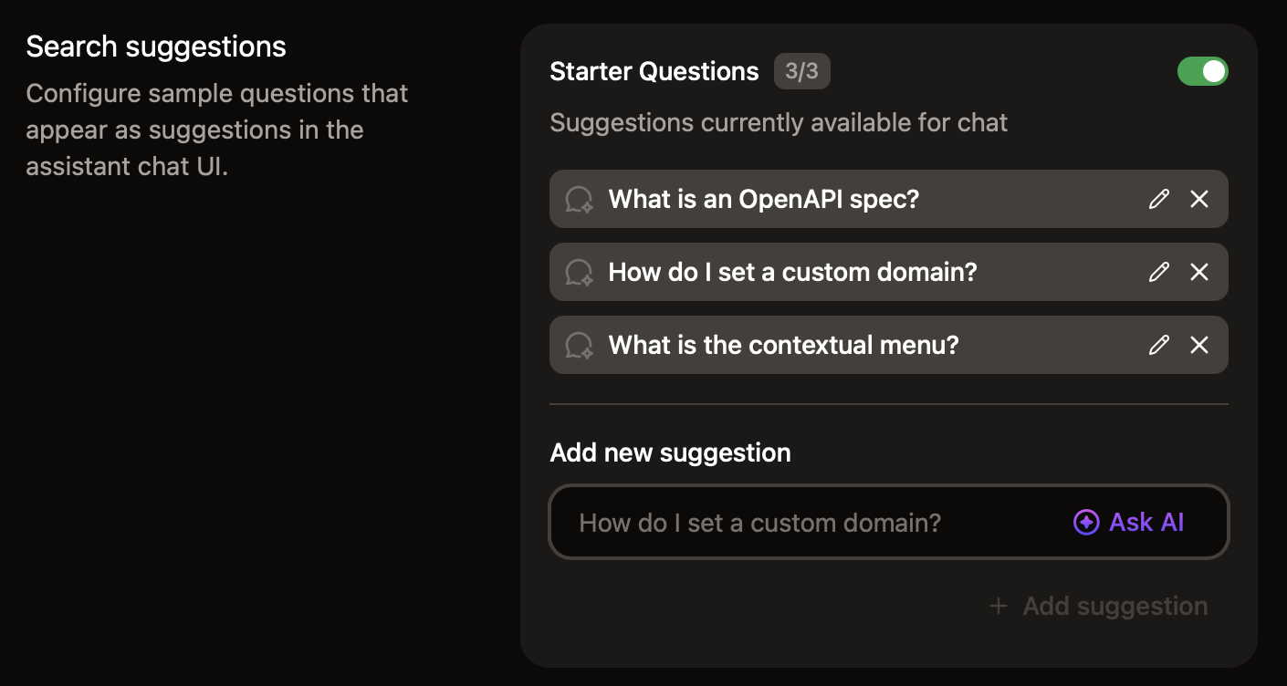 The search suggestions panel in the dashboard with starter questions enabled and populated with three questions.