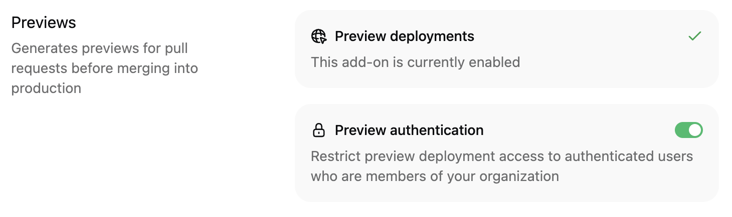 The preview authentication toggle in the Add-ons page