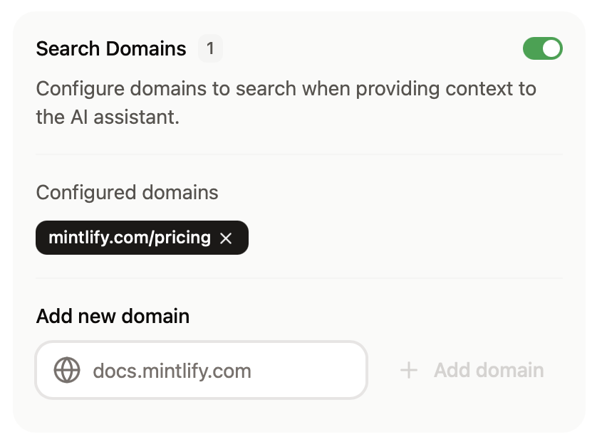 The assistant search domains panel enabled in the dashboard. The assistant is configured to search the mintlify.com/pricing domain.