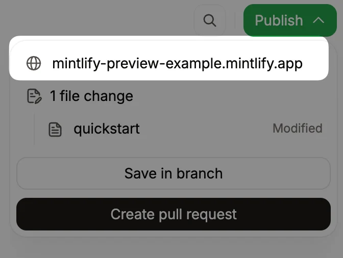Preview URL emphasized in the publish menu.