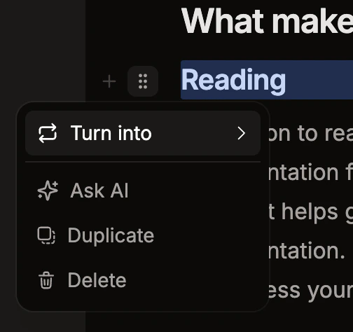 The block actions menu in visual mode.