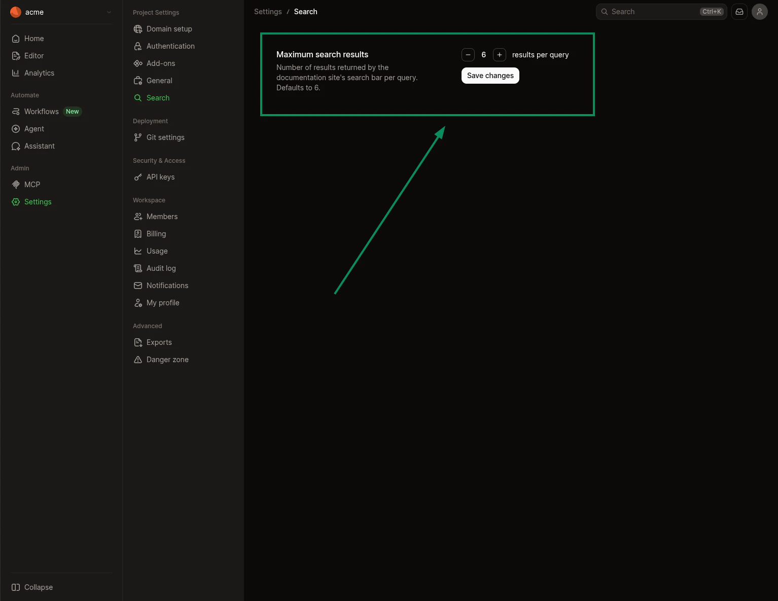 The Search settings page in the dashboard with the Maximum search results stepper set to 6.