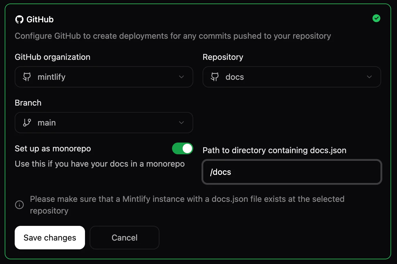 The project settings panel in the Git Settings menu. The Set up as monorepo toggle button is enabled and a path to the /docs directory is specified.