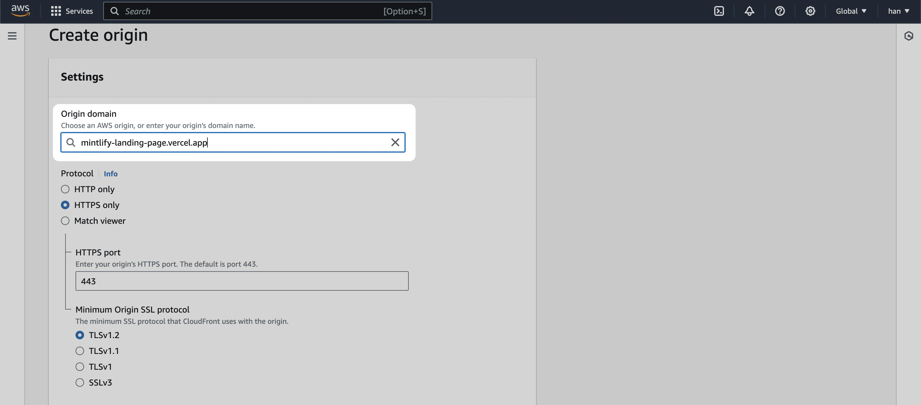 CloudFront 的 “Create origin” 页面,高亮显示 “Origin domain” 输入框。