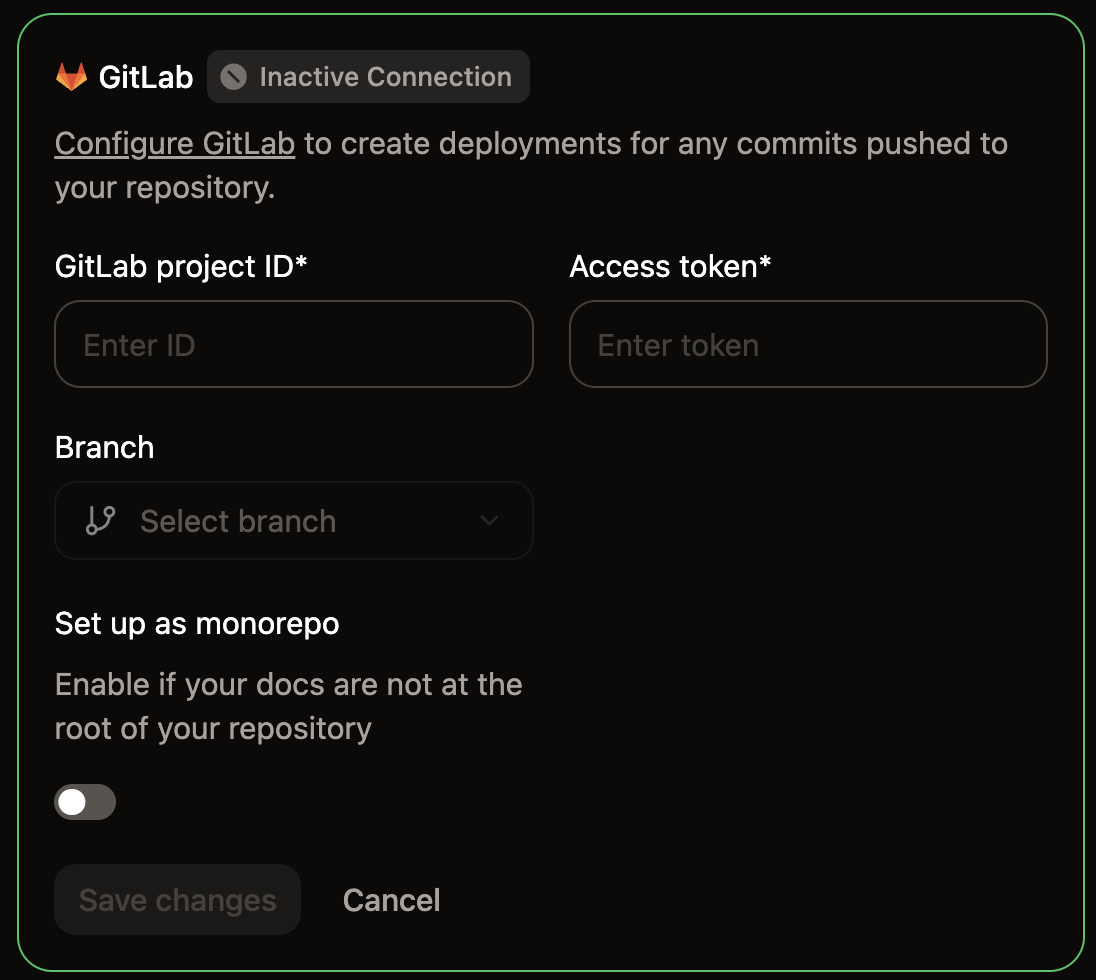 The GitLab configuration panel in the Git Settings page of the Mintlify dashboard.