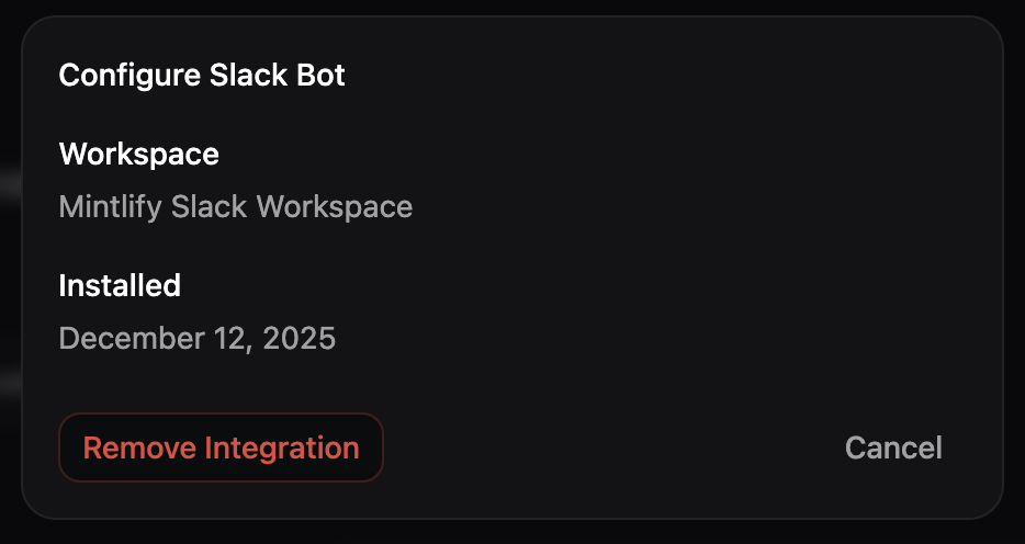 The Slack configuration panel in dark mode.