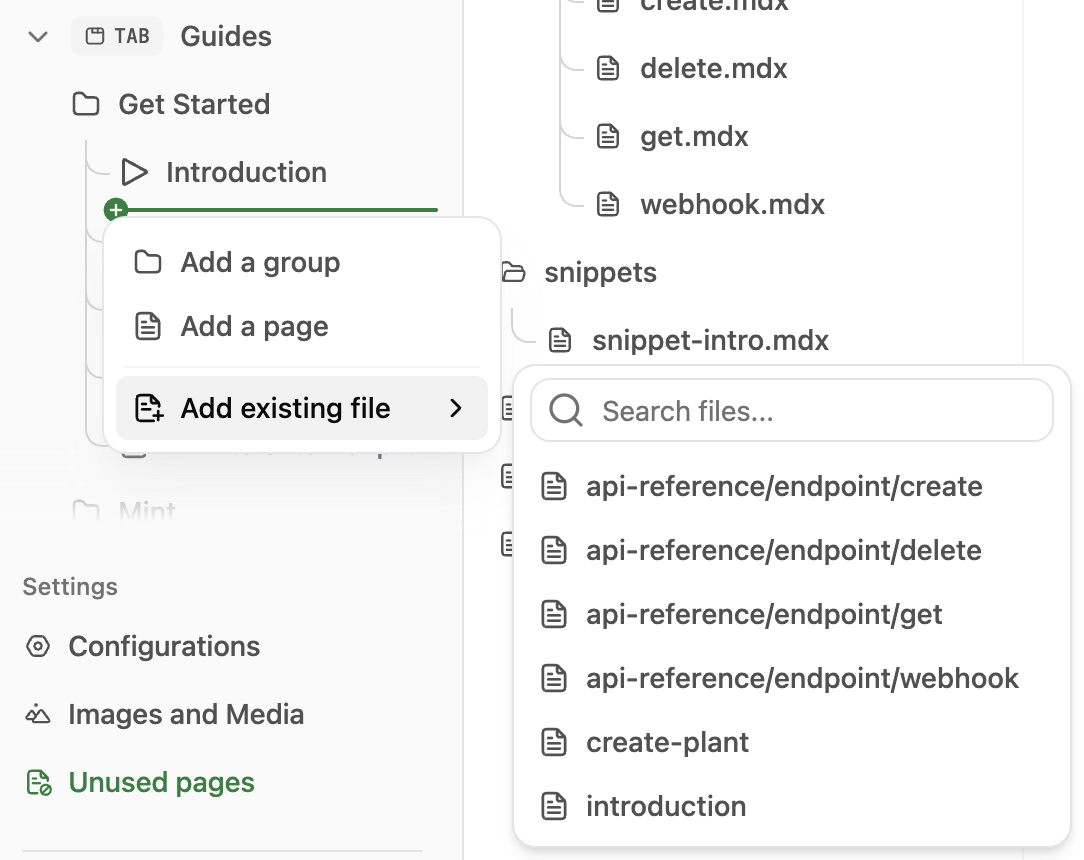 Add existing file menu expanded.