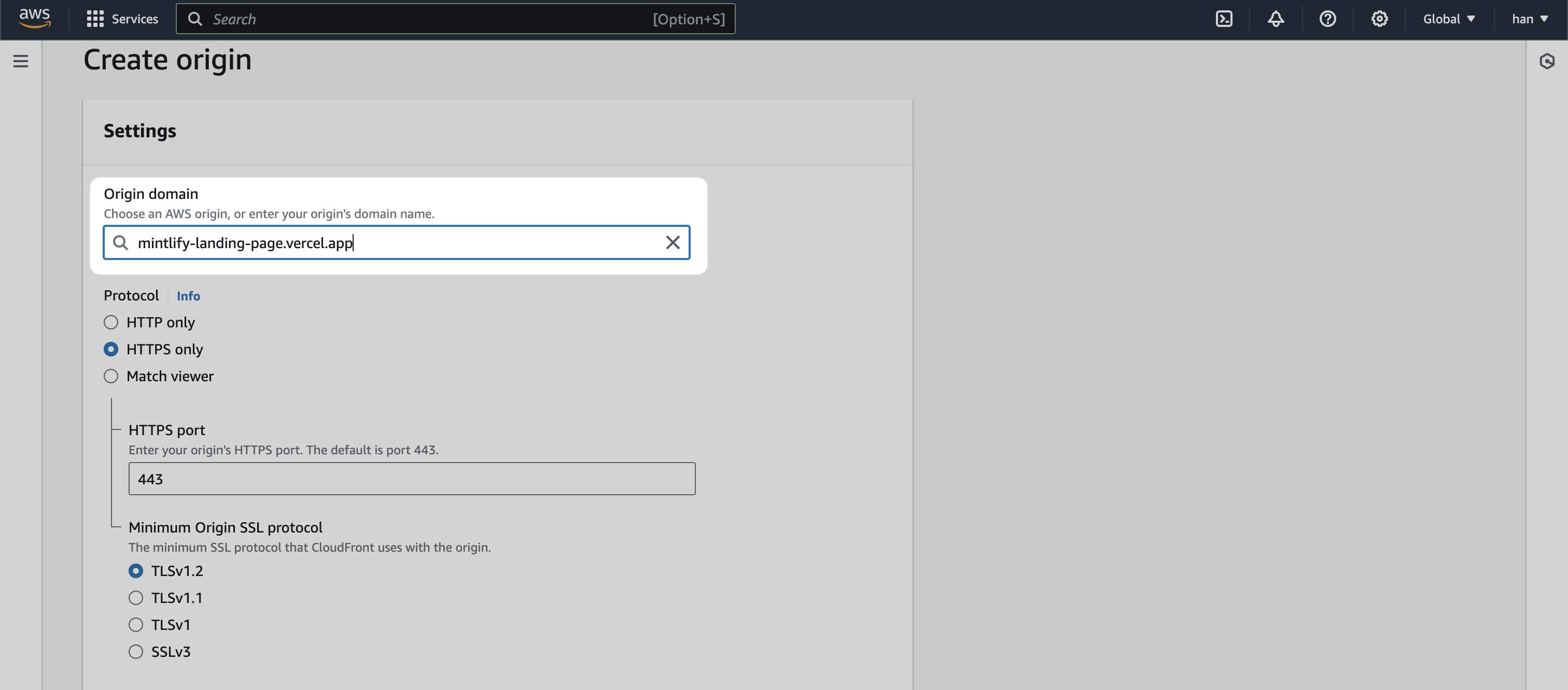 CloudFront 的 “Create origin” 页面,高亮显示 “Origin domain” 输入框。