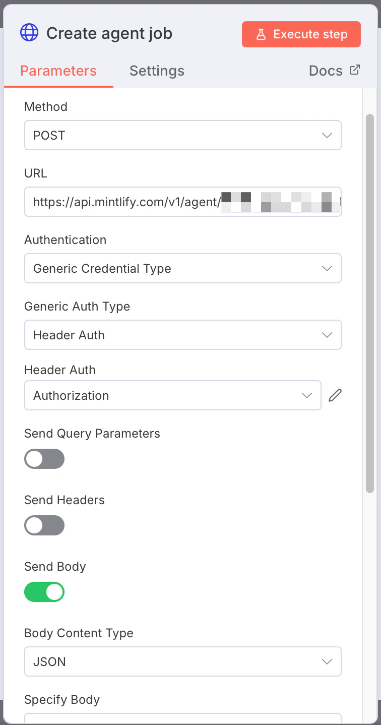 Screenshot of the configurations for the create agent job node.
