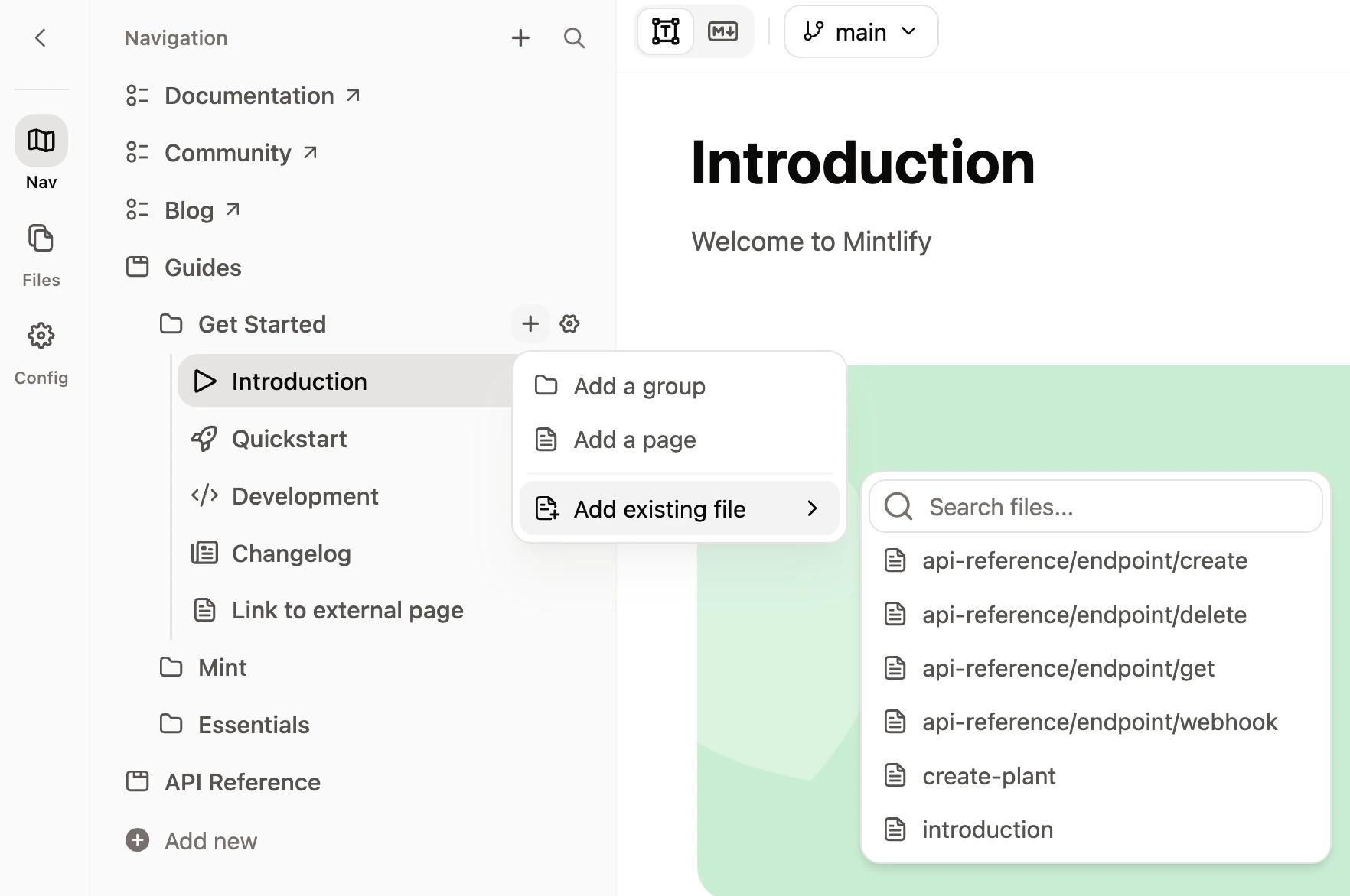 Add existing file menu expanded.