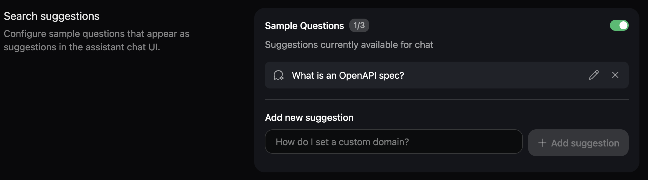 The search suggestions panel in the dashboard. What is an OpenAPI spec? is configured as a sample question.