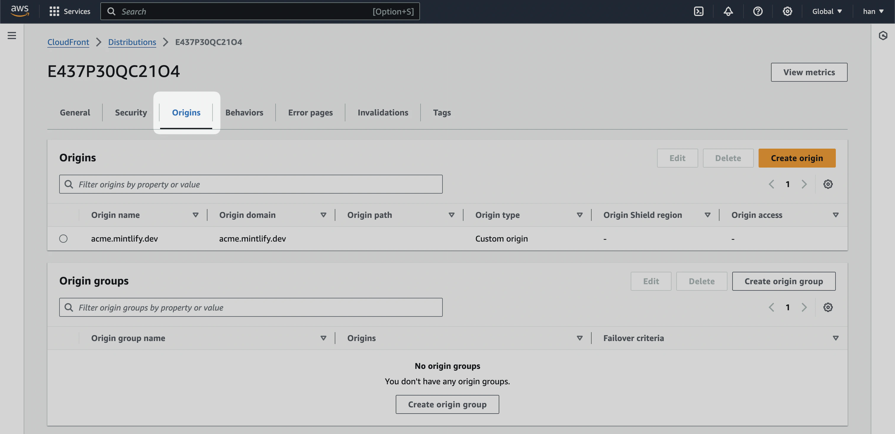 A CloudFront distribution with the "Origins" tab highlighted.