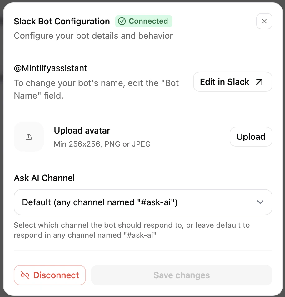 The Slack configuration panel in light mode.
