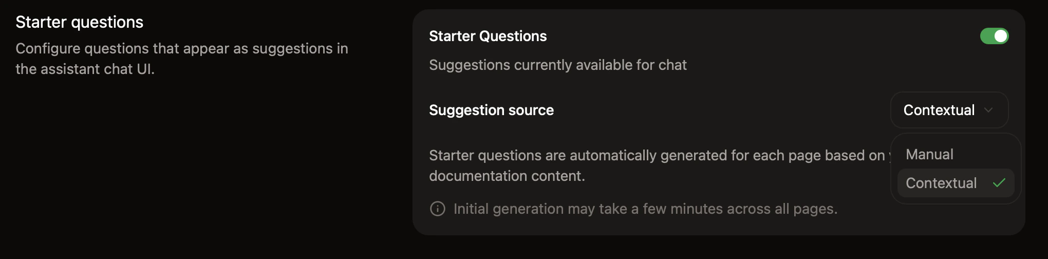The search suggestions panel in the dashboard with contextual starter questions enabled.